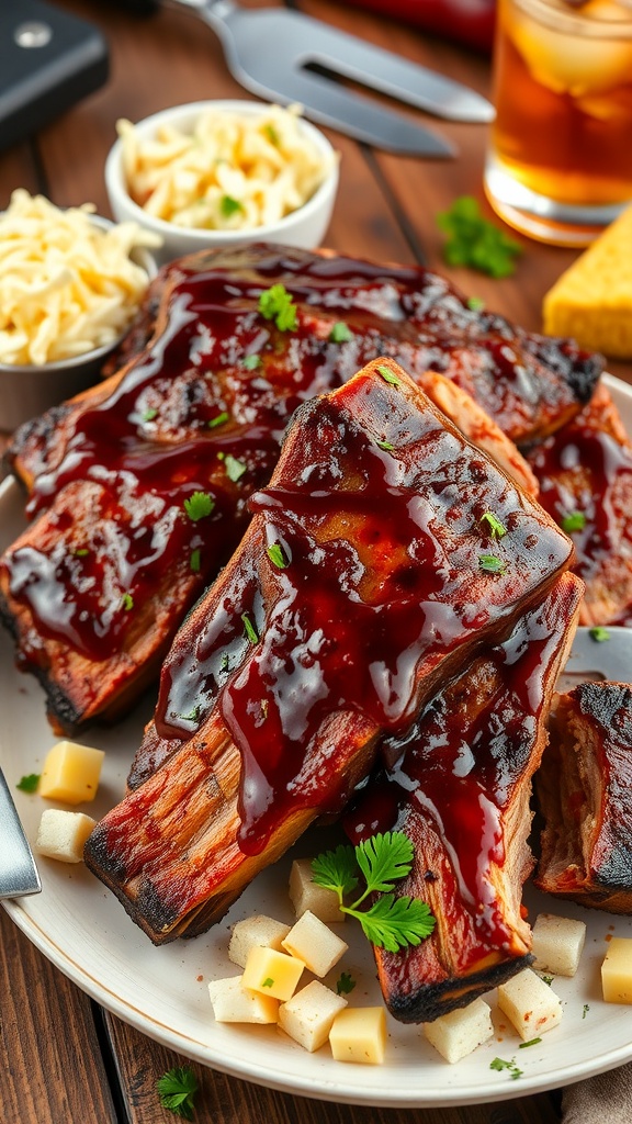A serving of delicious barbecue ribs with coleslaw and cornbread on a rustic table.